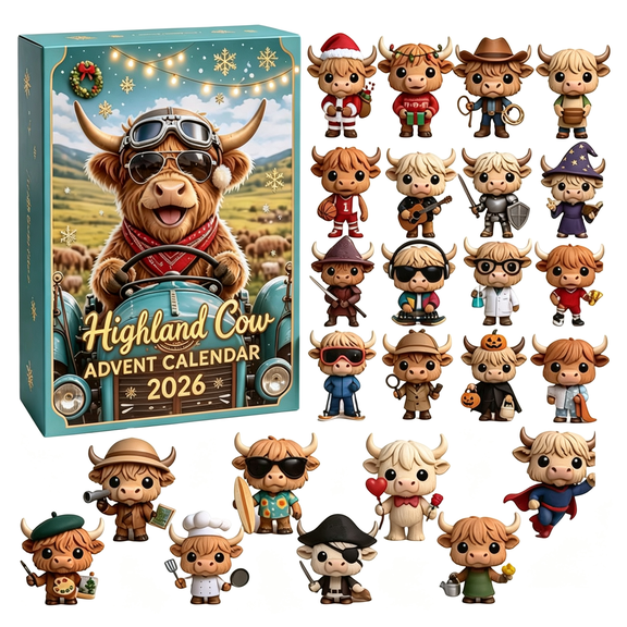 2026 Highland Cow Advent Calendar with 24 PVC Mini Figures 3D Holiday Countdown Blind Box Collectible Set for Display