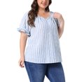 thumbnail image 4 of Agnes Orinda Women's Plus Size Cotton Lined Top Stripes Notch V Neck Puff Short Sleeve Blouses Summer Casual Tops 2X Blue, 4 of 6