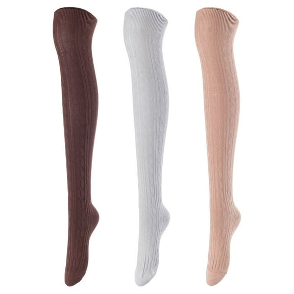 Lovely Annie Women's 3 Pairs Over Knee High Thigh High Cotton Socks Size 6-9 3p3c17 (Coffee,Grey, Khaki)