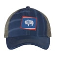 thumbnail image 3 of Wyoming Flag Hat - Distressed State Design - Vintage Cowboy State Trucker Strapback Cap (NavyBlue), 3 of 8