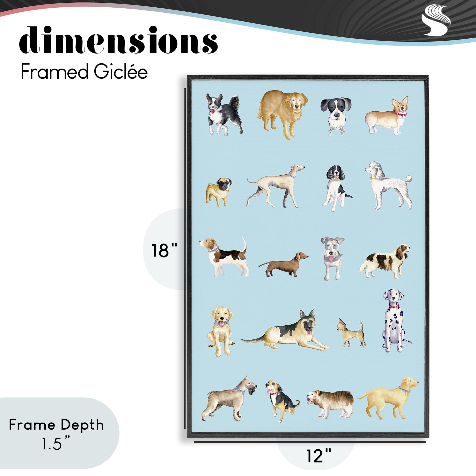 Stupell Industries Dog Breeds on Blue Black Framed Giclee Art, design by Andi Metz