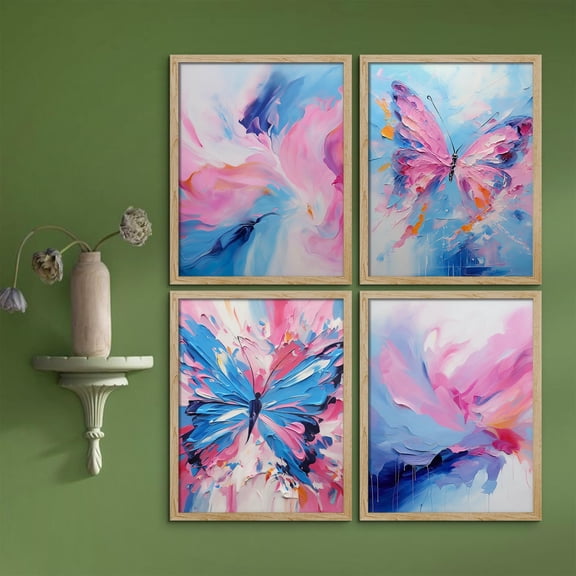 PixonSign Framed Wall Art Abstract Floral & Butterfly Vibrant Posters, Set of 4 Colorful Nature Digital Art, Minimalism Multicolor Scenic Canvas Prints for Home Decor - 11"x14" Natural