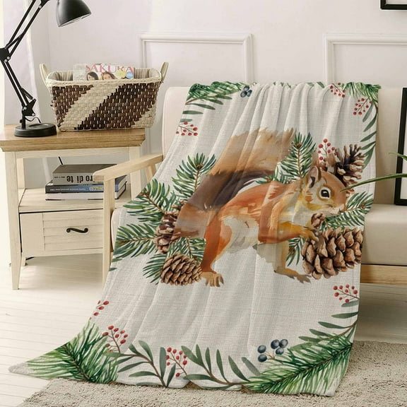 Vintage Christmas Squirrel Throw Flannel Blanket 40x50In Winter Pine Cone Leaf Pastoral Super Soft Cozy Bed Blanket, Lightweight Plush Fuzzy Bed Throw for Bedroom Sofa Couch Living Room