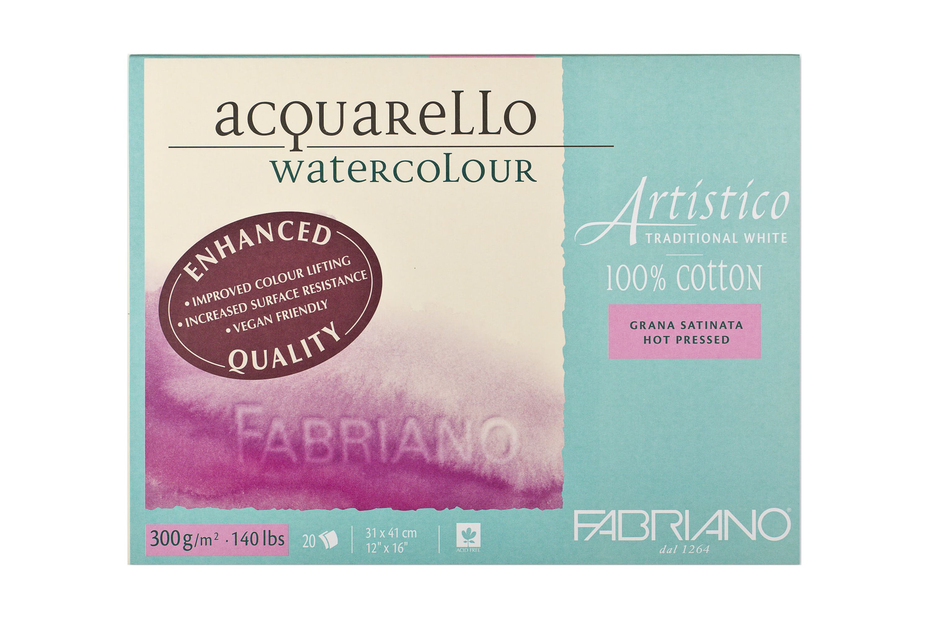 Fabriano Artistico Traditional White Watercolor Block, 140 lb./300 gsm, Hot Press, 20 Sheets, 12" x 16"
