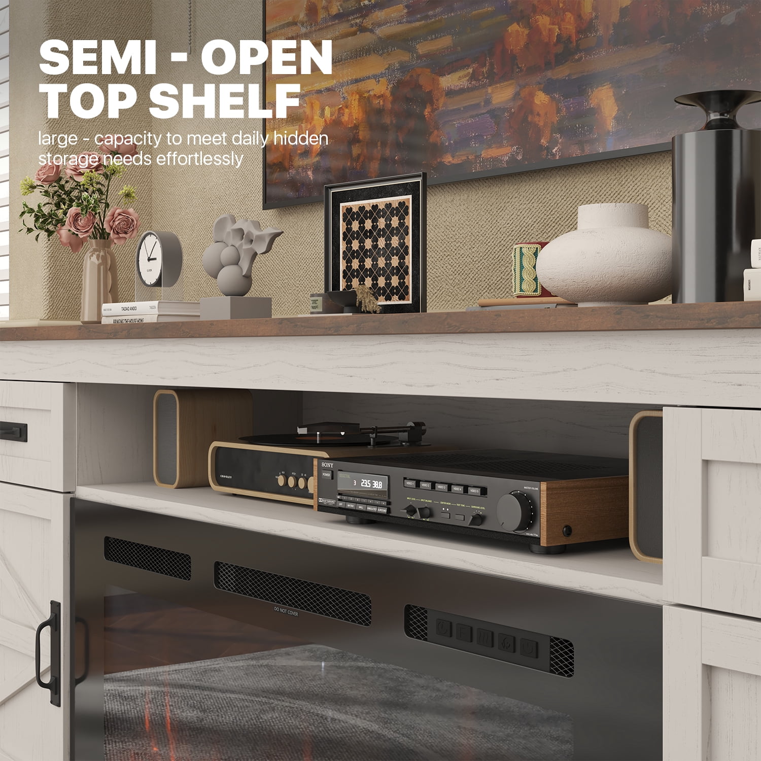 Sonegra Fireplace TV Stand with Barn Door for TVs up to 80", Farmhouse 70" Fireplace Entertainment Center, TV Console with Storage Cabinets for Living Room, White