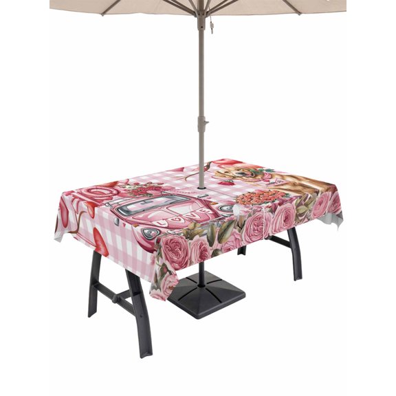 Outdoor Tablecloth with Umbrella Hole and Zipper, Valentine's Day Rectangle Table Cloth 60x120 Inch Waterproof Tablecloth, Watercolor Love Roses Dog Truck Pink Plaid Picnic Table Cover for Patio