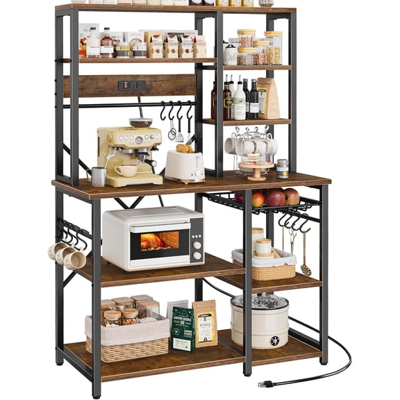 Large Bakers Rack with Power Outlets, 6-Tier Microwave Stand, Coffee Bar with 12 S-Shaped Hooks, Kitchen Shelf with Wire Basket, 39.3 x 15.5 x 66.9 Inches, Rustic Brown