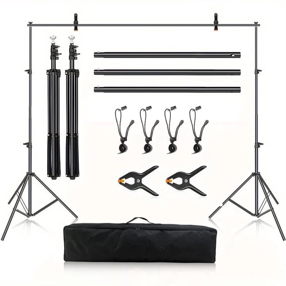 HVKDIEB Adjustable Background Stand, 8ft Height x 10ft Wide Adjustable Photo Video Backdrop Stand with Carry Bag, Clamps for Wedding Party Stage Decoration,Black,1 set