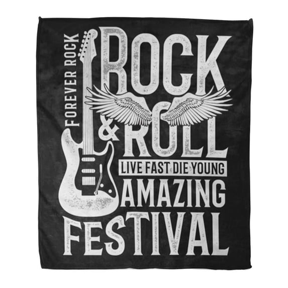 SIDONKU Throw Blanket Warm Cozy Print Flannel Guitar Rock Festival and Roll Sign Graphic Vintage Comfortable Soft for Bed Sofa and Couch 50x60 Inches