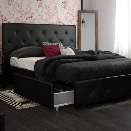 DHP Dakota Full Upholstered Bed with Storage Drawers in Black Faux Leather