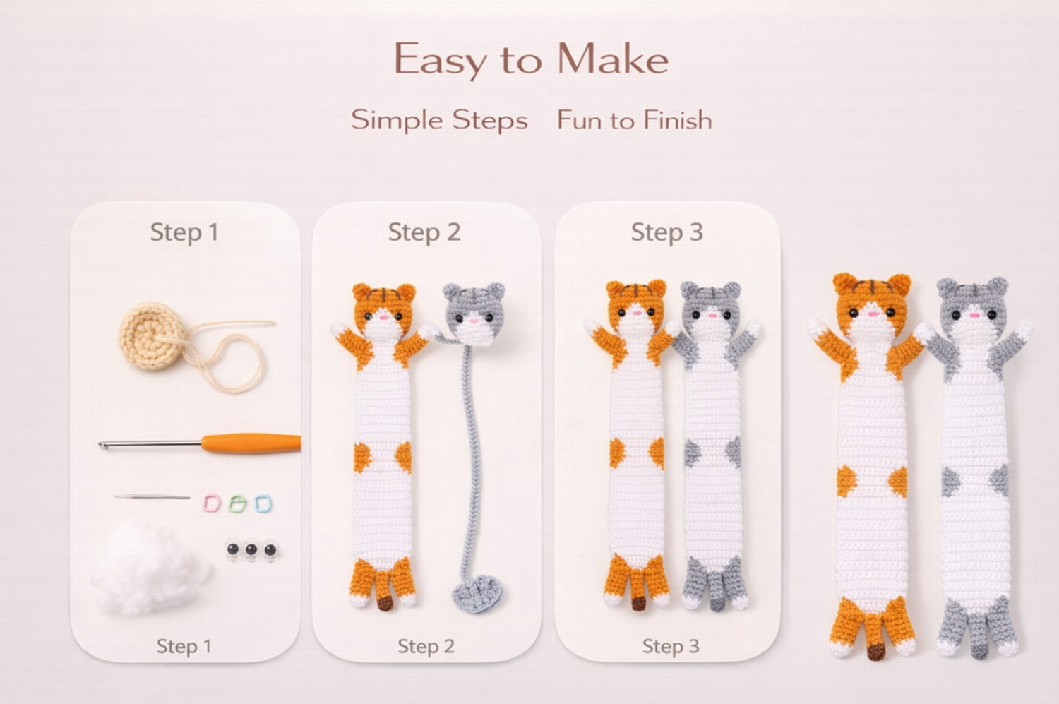 2 Pack Long Cat Bookmark Crochet Kit for Beginners, Cat Amigurumi Starter Set with Step by Step Video Tutorials, TIKA
