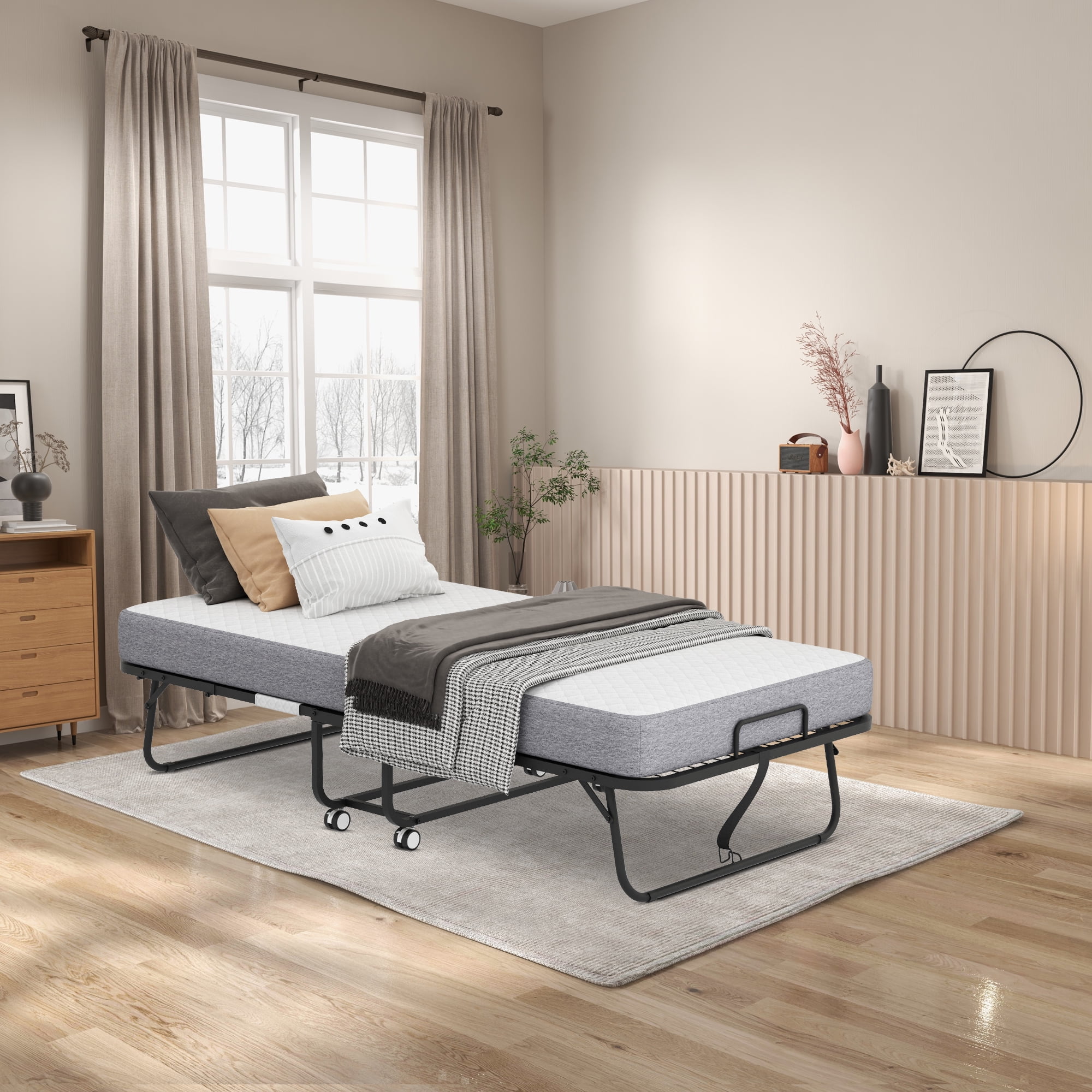 Folding Bed with 5 Inch Foam Mattress, Cot 75" x 31" Rollaway Bed for Guests, Portable Bed with Lockable Wheels, Easy Assembly & Moving