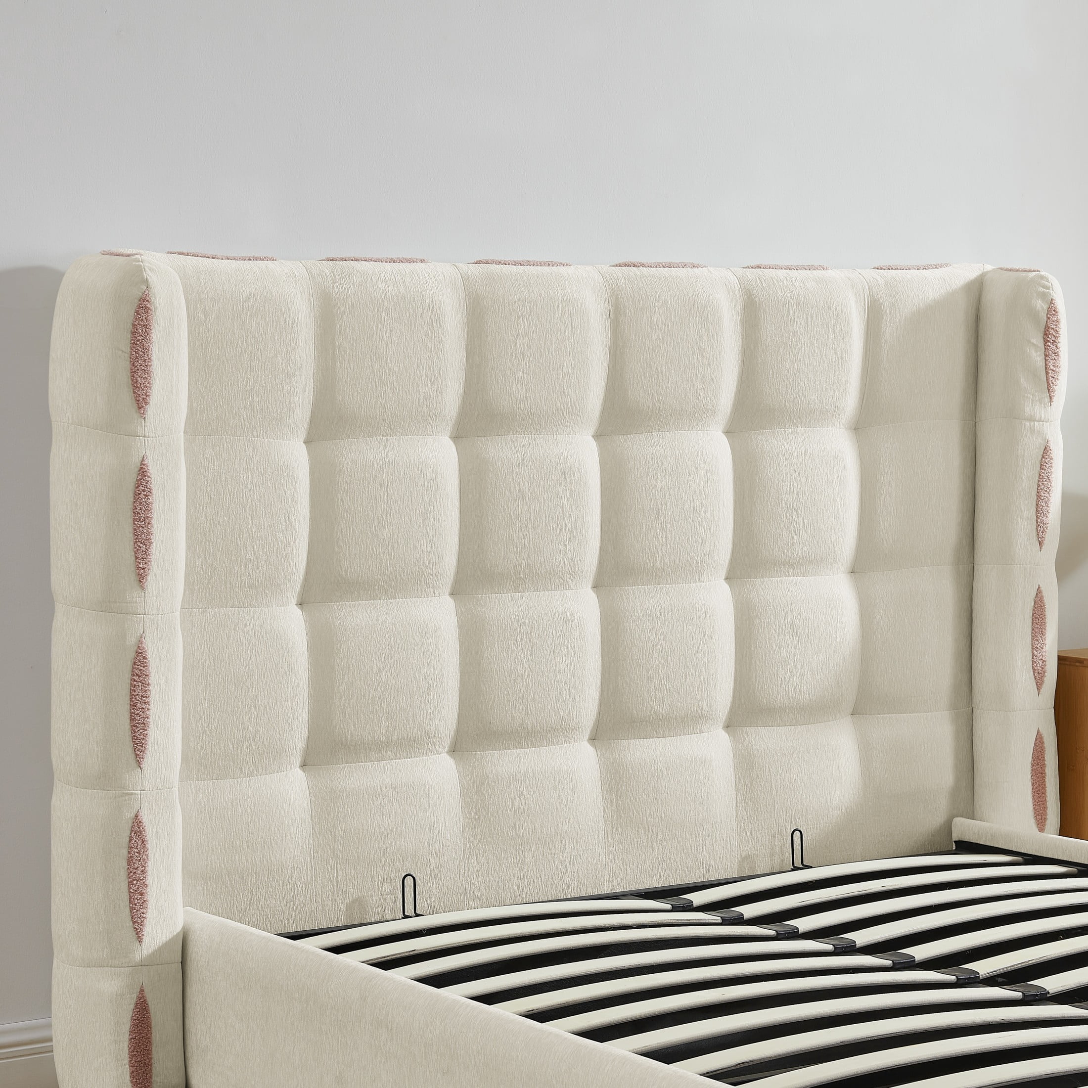 Noble House Elite Queen Size Upholstered Platform Bed with Removable Chenille Wingback and Under-Bed Storage, White