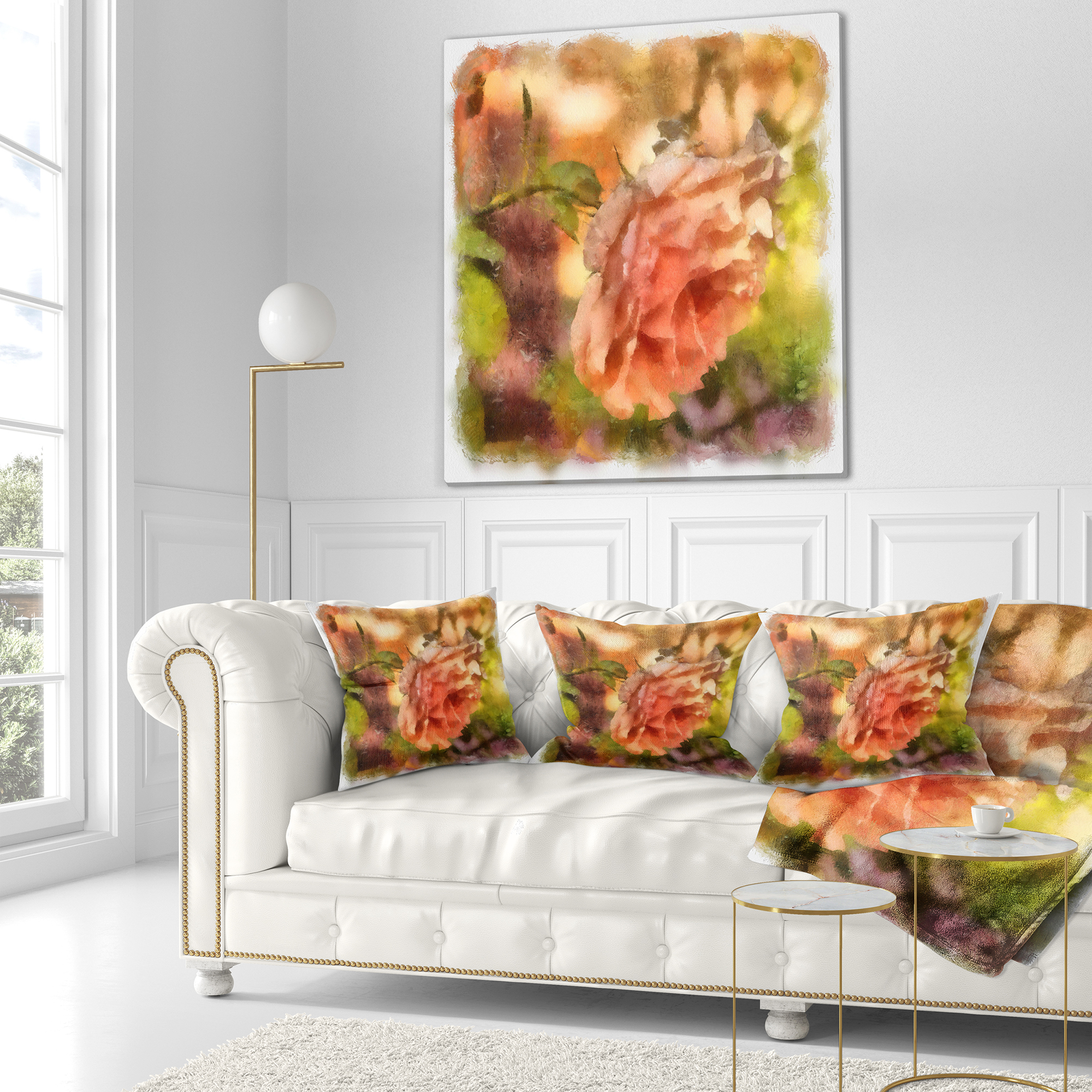 Designart Full Bloom Orange Rose Watercolor - Floral Throw Pillow - 18x18