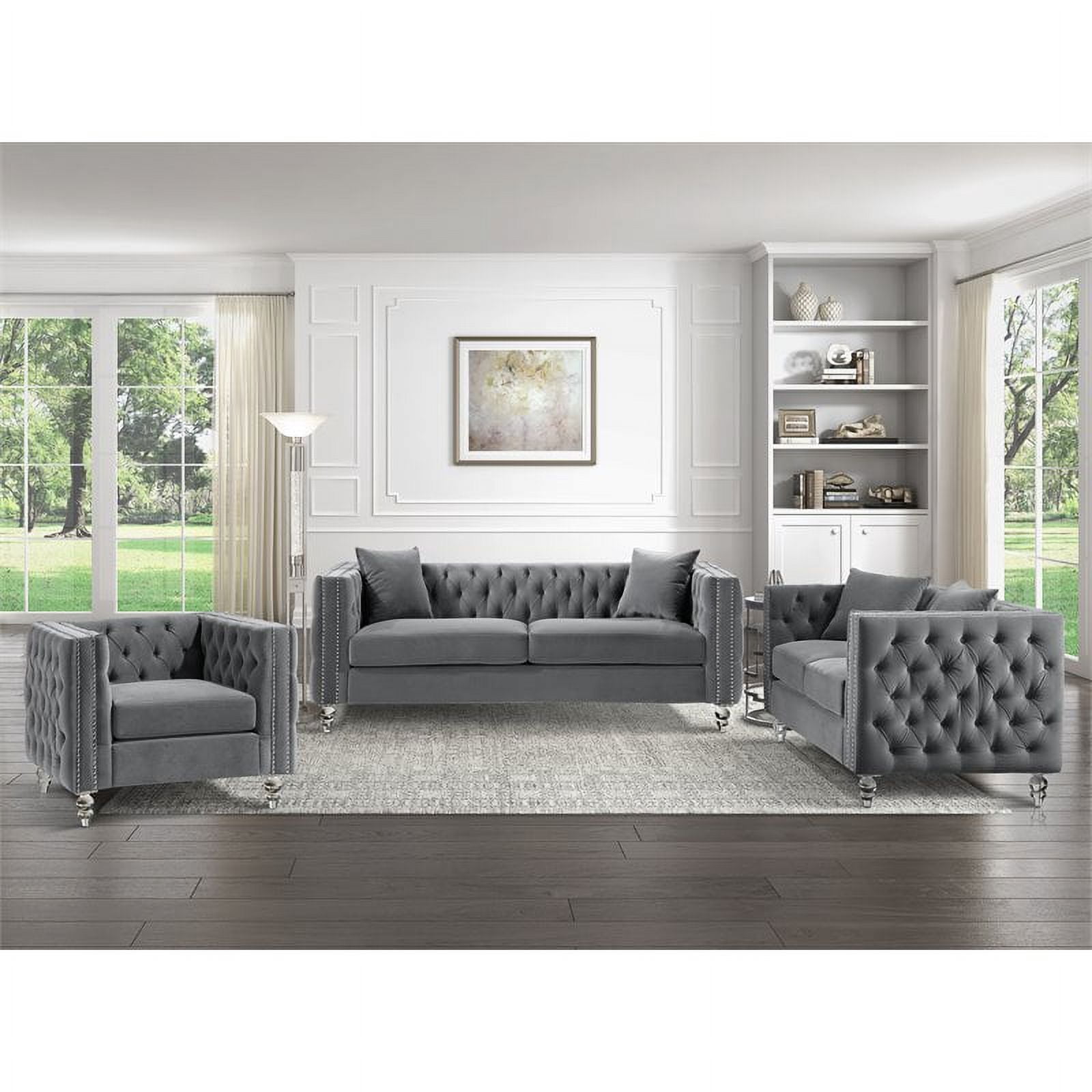 Lexicon Orina Button Tufted Velvet Sofa in Gray