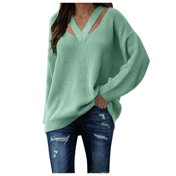 JINMGG V Neck Sweaters for Women Fall Winter Clearance,Fashion Women Casual V-Neck Long Sleeve Sweater Blouse Pullver Tops