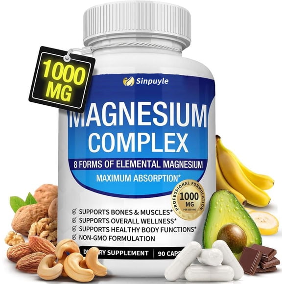 Complejo de Magnesio 8 Formas 1000mg Alta Absorción, para Calambres Musculares, Sueño y Estrés, 90 Cápsulas Veganas Sin Gluten
