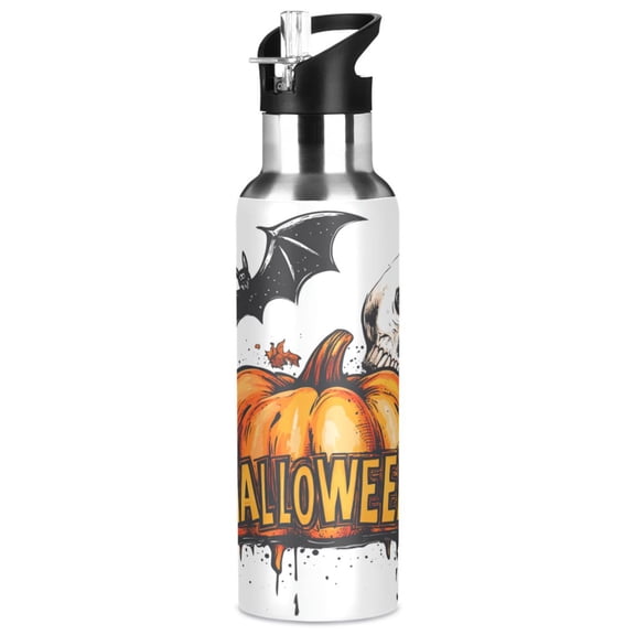 1000ml Vacuum Insulated Sports Water Bottle with Foldable Straw Stainless Steel Portable Thermos Cup Bat and Skull Elements