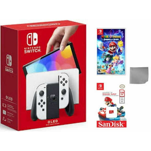 Nintendo Switch OLED with White Joy-Con (International Edition) Bundle with Mario Rabbids: Sparks of Hope & 128 gb Nintendo SD card & Cleaning Cloth