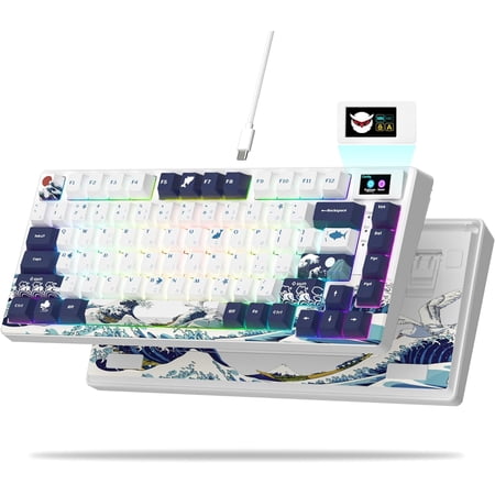 XVX/Womier S-K80 75% Keyboard with Color Multimedia Display Mechanical Gaming Keyboard, Hot Swappable Keyboard, Gasket Mount RGB Custom Keyboard, Pre-lubed Stabilizer for Mac/Win, White Kanagawa Theme