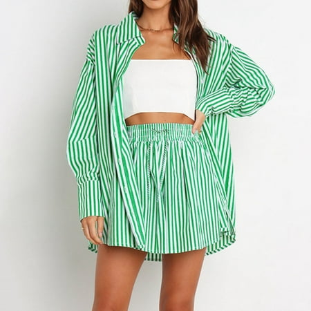 Riforla Women s Spring/Summer Temperament Casual Lace up Shorts Set Fashion Shirt Stripe Long Sleeve Split Two Piece Set 2 Piece Sets for Women Green XXL