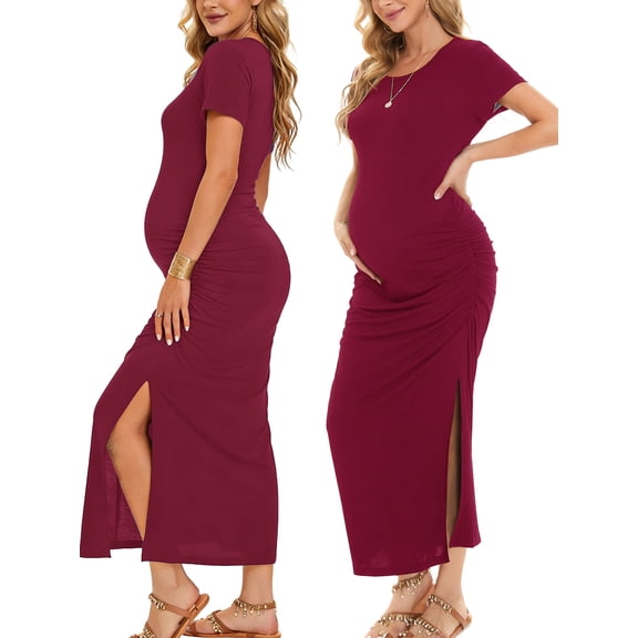 Women's Short Sleeve Maternity Dresses Clothes Split Pregnancy Maxi Dresses