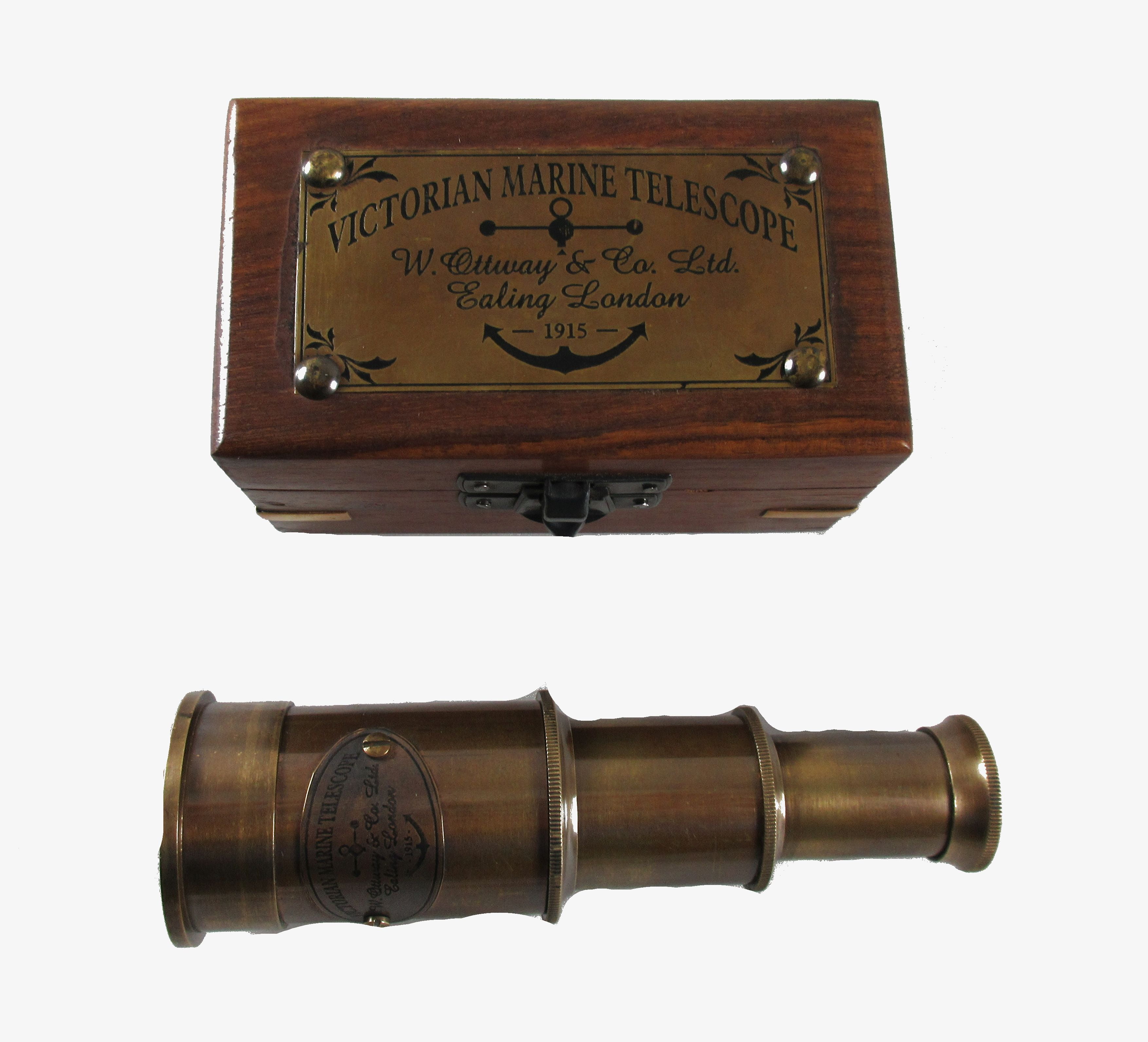 Antique Brass Telescope in Wooden Box Marine Reproduction