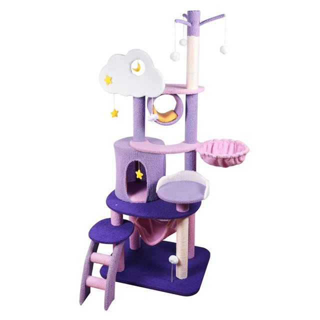 72" Cat Tree With 2 Condos, Scratching Posts, Perch & Toys – For Small/Medium Cats