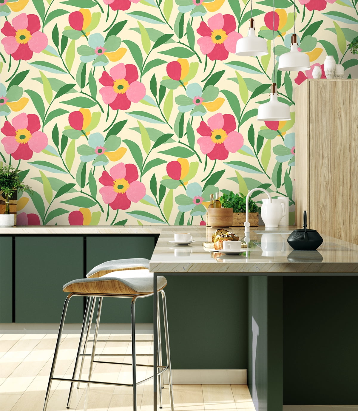 NextWall  Garden Block Floral Peel and Stick Wallpaper 20.5 in. W x 18 ft. L - Pink & Kelly Green