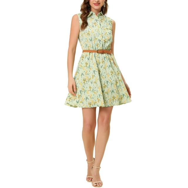 INSPIRE CHIC Robe Sans Manches à Imprimé Floral pour Femme, Demi-Patte de Boutonnage, Longueur Genou, Ceinturée, Printemps, m Vert Pâle-Jaune Floral