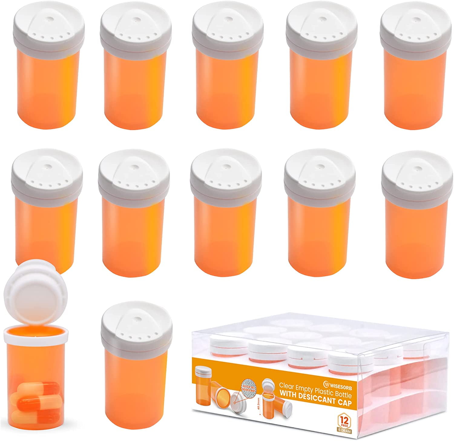 Wisesorb 6 Dram, 12pcs, Pill Bottle with Desiccant Cap, Medicine Bottle