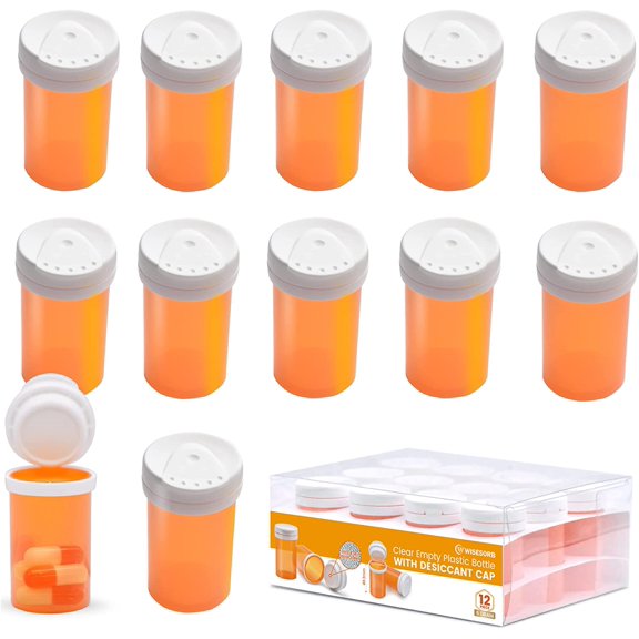 Wisesorb 6 Dram, 12pcs, Pill Bottle with Desiccant Cap, Medicine Bottle, Pill Bottles Empty with Caps, Empty Pill Bottles