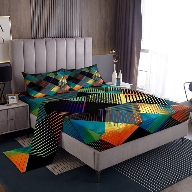 Twin Size Sheet Set for Men & Women - Luxurious Diamond Geometric & Grid Plaid Design | Colorful Checkered & Abstract Sheets for Boys Girls | Modern Geometry Diamond Striped Bed Sheets Set