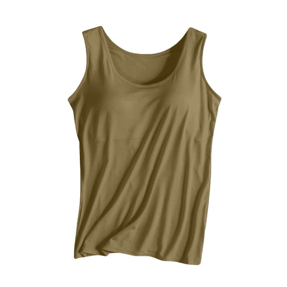 Delconic Womens Built in Bra Tank Top Padded Camisole Sleeveless Scoop Neck Base Layer Cami Innerwear Stretch Vest Shirt Army Green L