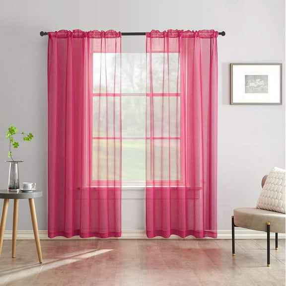 QICICI-Rose Red Sheer Curtains 72 Inches Long Textured Faux Linen Sheer Hot Pink Curtains 72 Inch Length For Living Room Bedroom Light Filtering Sheer Curtain 2 Panels 52X72