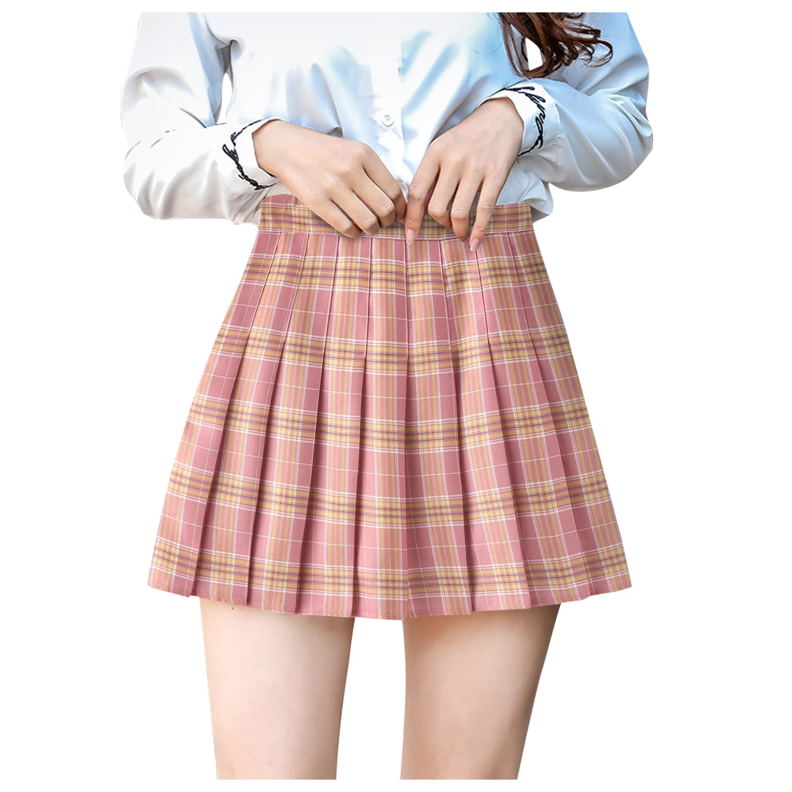 High waisted pink plaid skirt cheap