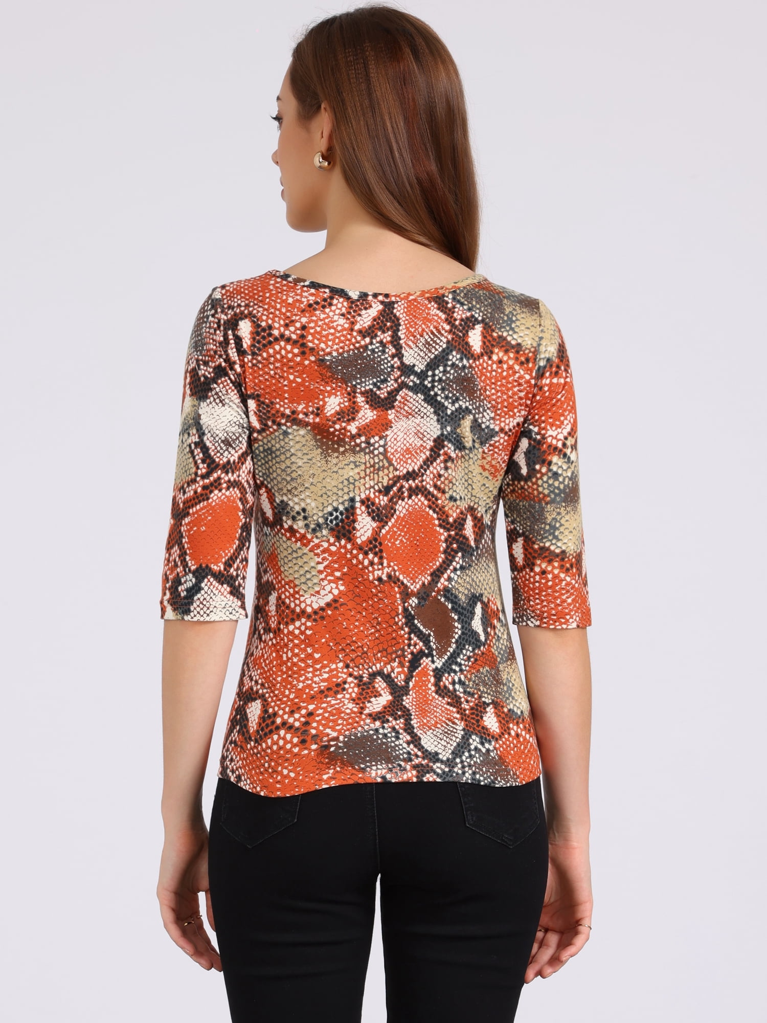 DARING DIVA Women's Elbow Sleeves Round Neck Slim Basic Printed T-Shirt S Multicolor-Snake