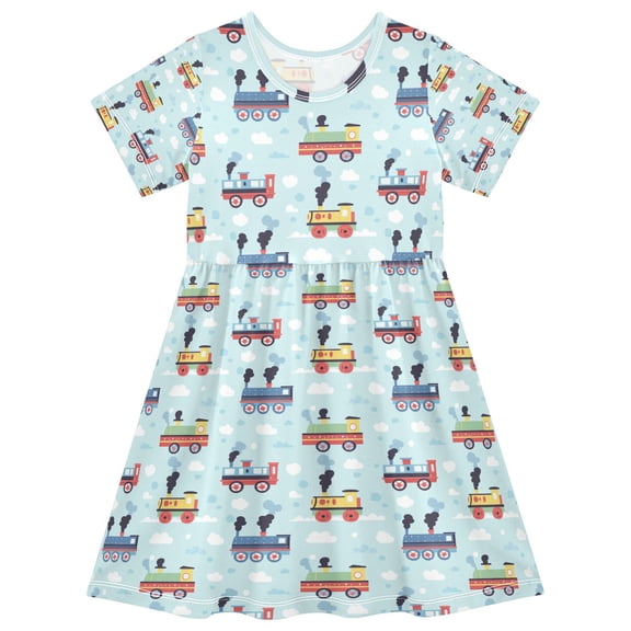 FORMRS Girls Short Sleeve Dress Summer Casual Round Neck A-line Beach Sundress, Sizes 2T-8T, Colorful Trains