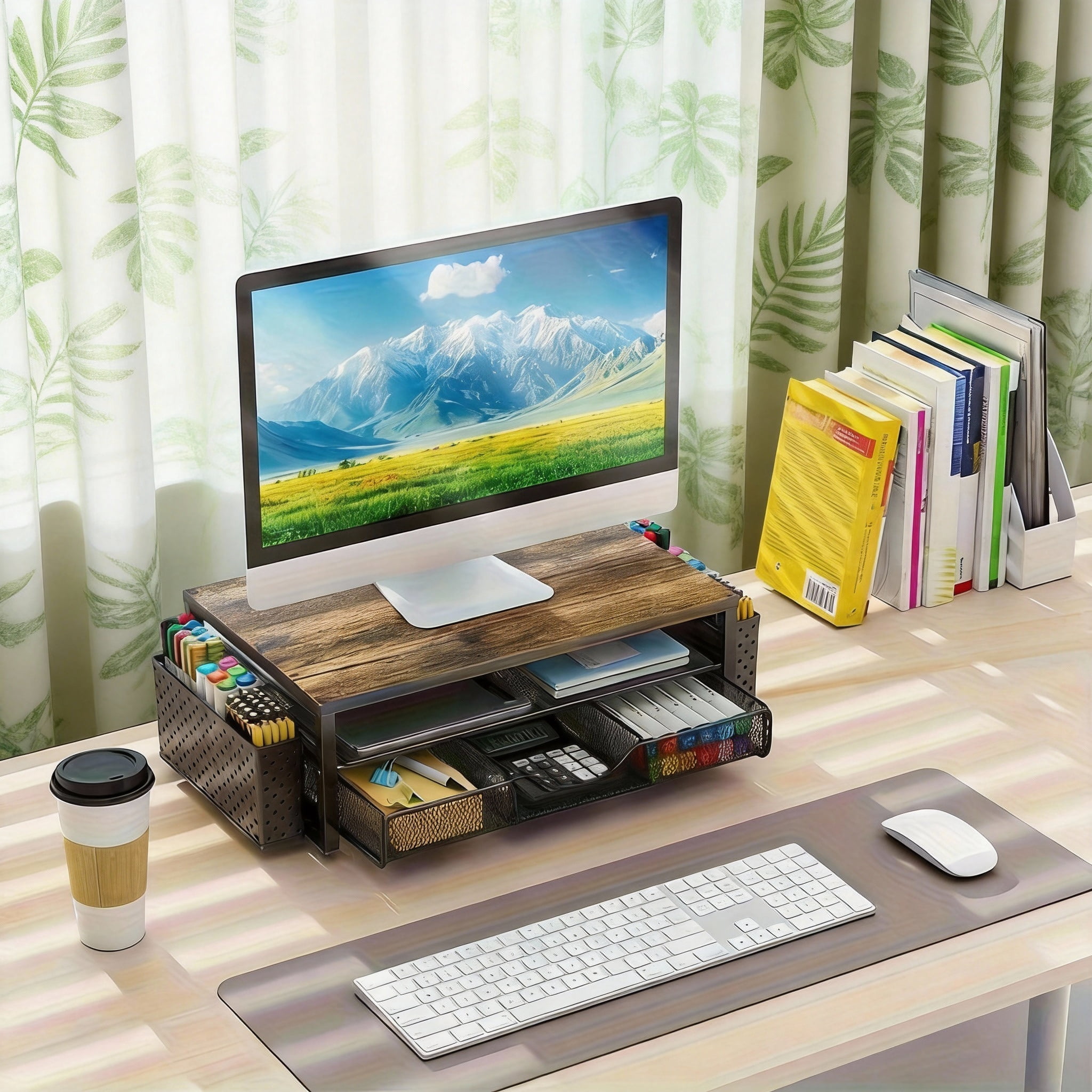 Desk Organizers and Accessories, 2 Tier Monitor Stand Riser with Drawer and 2 Pen Holder for Offices and Dormitories (Wood)