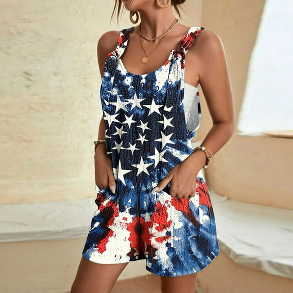 Nuoqisi Women's American Flag Overalls Loose Fitted Summer Rompers 4th of July Patriotic Jumpsuit Outfit Casual Adjustable Bibs with Pockets