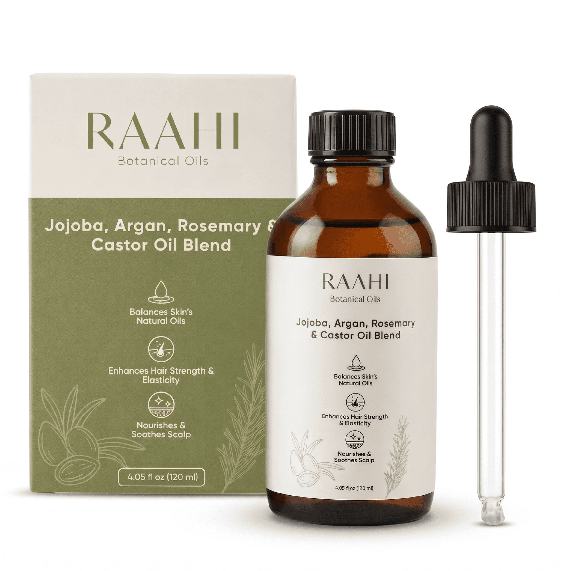 RAAHI Jojoba Oil, Argan Oil, Castor Oil and Rosemary Oil Blend for Hair and Skin, 4.05 fl oz / 120 ml, Botanical Moisturizer for Scalp, Face, Body and Hair
