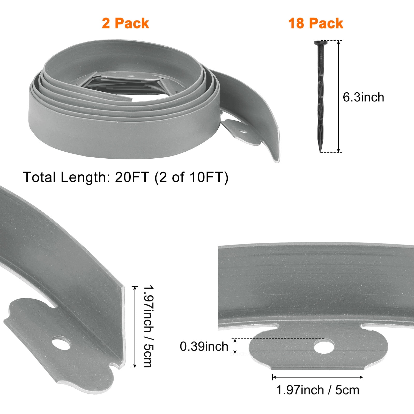 Uxcell Garden Edging - 20 Feet Plastic Landscape Edging Border with 18 PCS Spikes (2 Set of 10FT x 2IN, Gray)