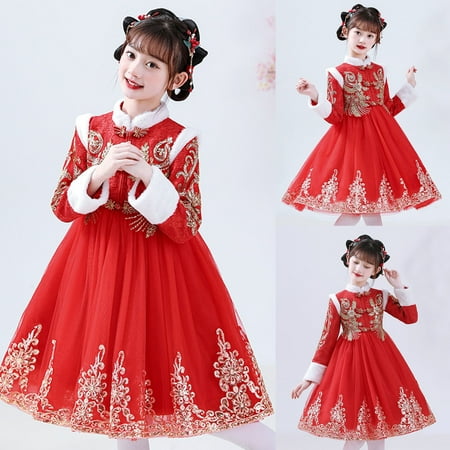

Toddler Girls Casual Dresses Autumn Winter Hanfu Tulle Pageant Princess Festival Party Tang Suit Warm Dress Activewear