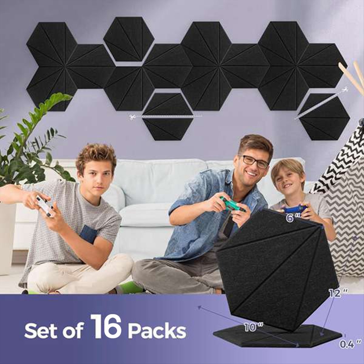 16Pack Self-Adhesive Acoustic Panels,Sound Proof Foam Panels, High Density Soundproofing Wall Panels Black 12X10X0.4In