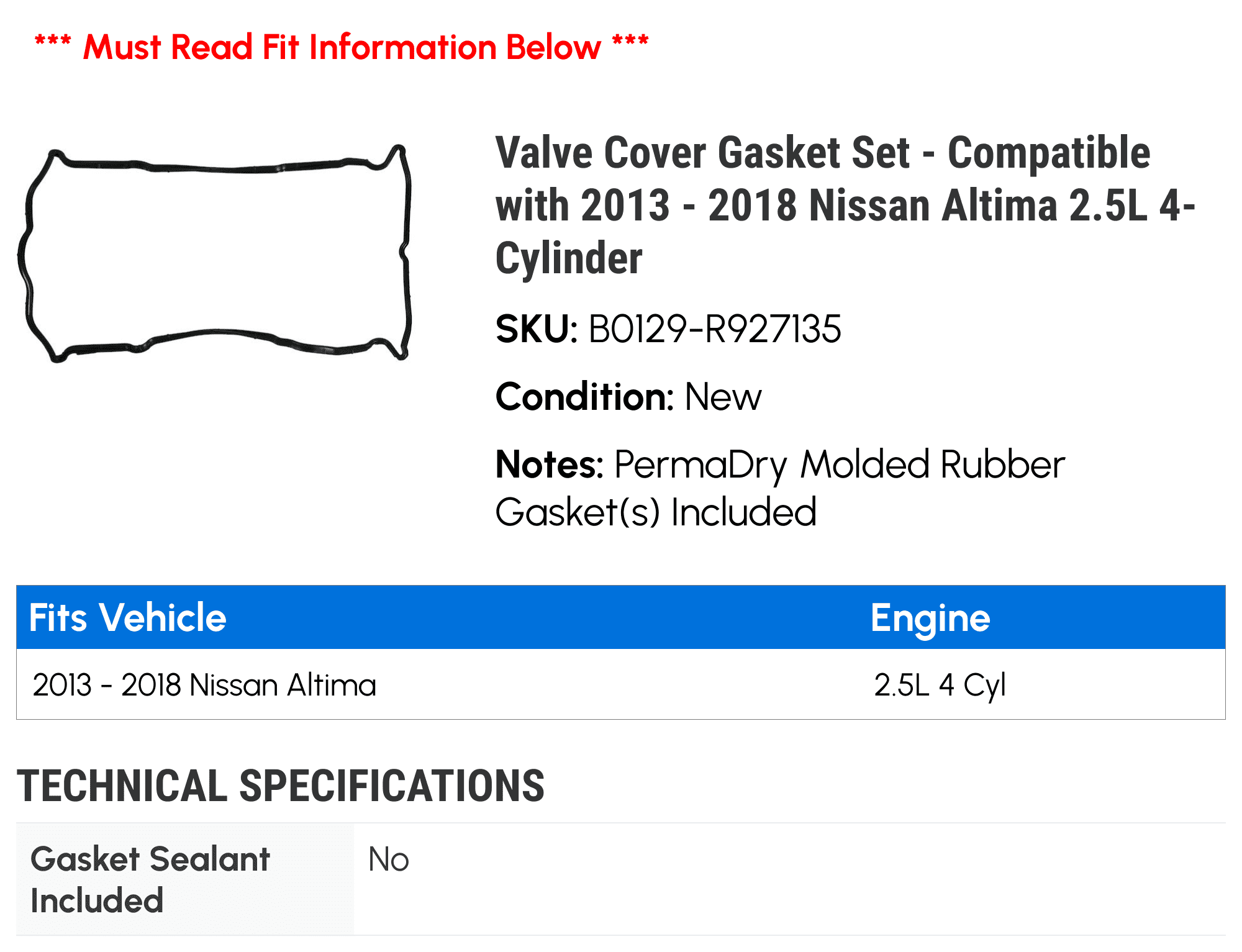 Valve Cover Gasket Set - Compatible with 2013 - 2018 Nissan Altima 2.5L 4-Cylinder 2014 2015 2016 2017