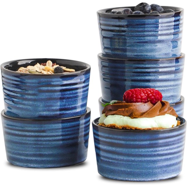 Hasense 6 oz Ramekins for Baking,Ceramic Souffle Dish Oven Safe Set of 6,Porcelain Dipping Sauce Bowls for Pudding, Creme Brulee, Souffle, Serving Dip, Custard, Ice Cream(Blue)