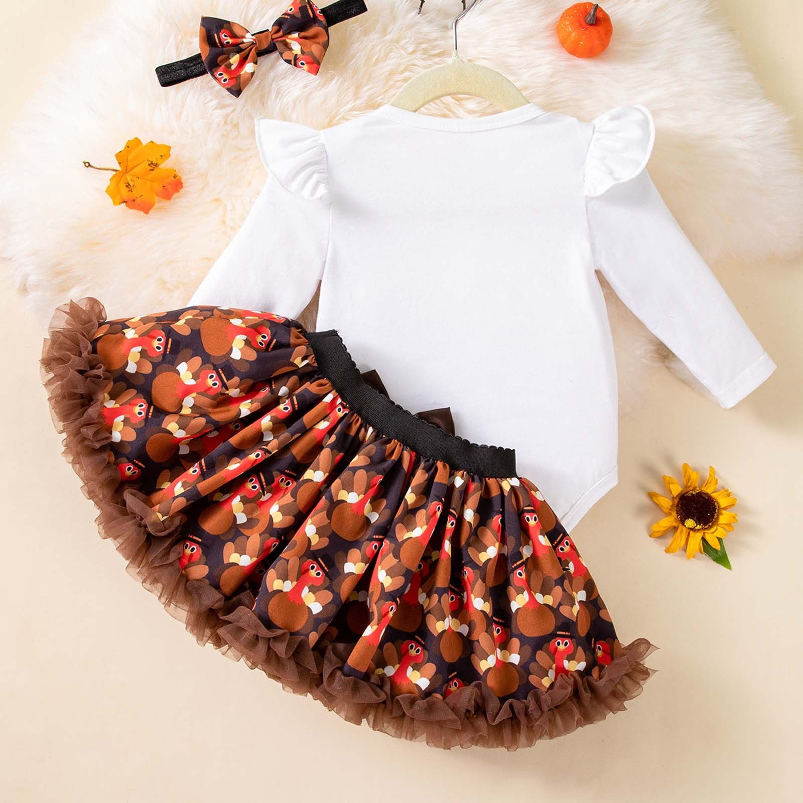 Gaexia Cute Clothes For Girls 10-12 ,Thanksgiving Baby Girl Outfit 3 Piece Set Cute Turkey Print Long Sleeve Dress Headband Toddler Holiday Party Clothes for 1-18 Months