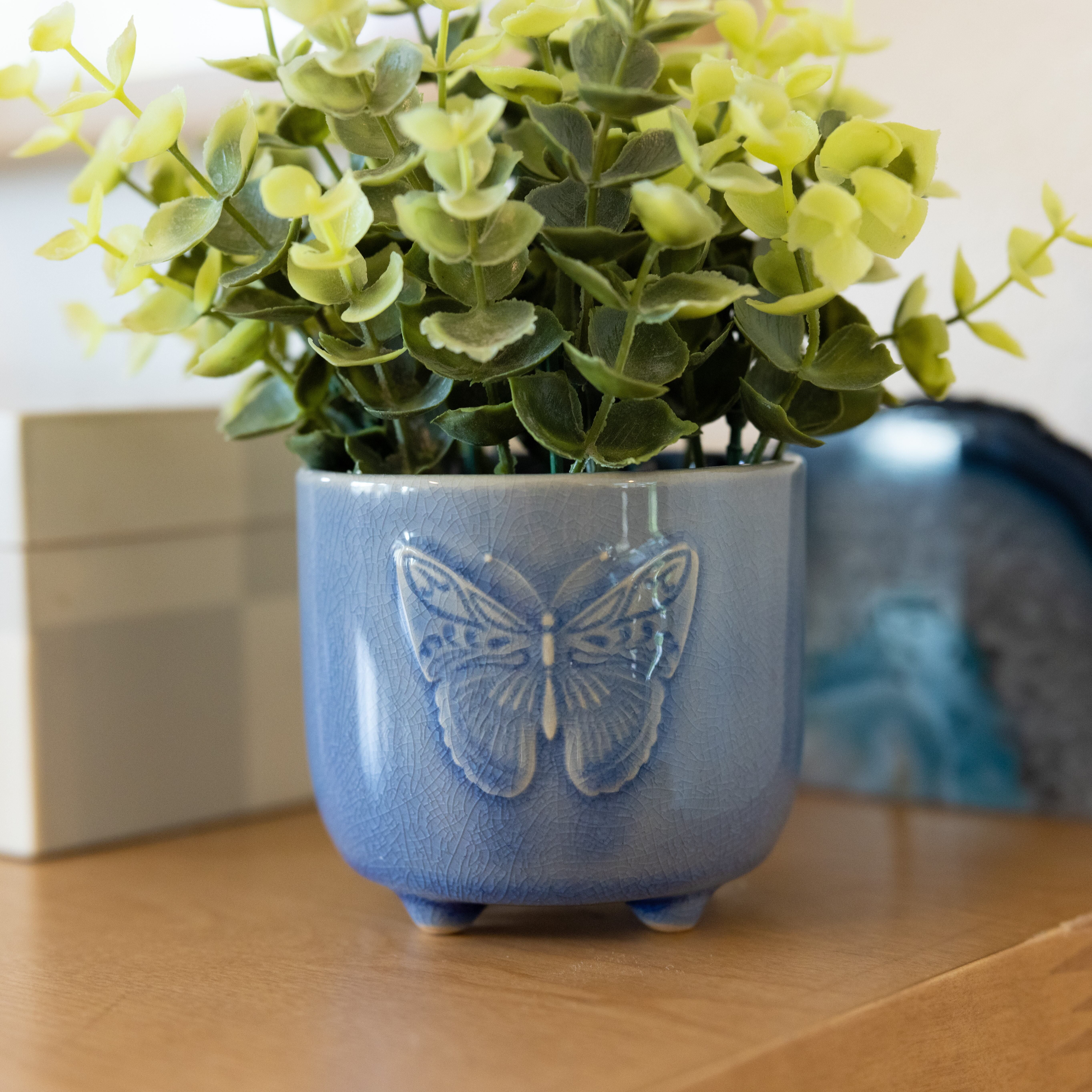 Mainstays Tabletop Artificial Baby Eucalyptus Plant in Blue Ceramic Butterfly Pot, 3"