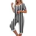 thumbnail image 3 of Qucoqpe - Conjuntos de pijama cómodos para mujer, con cuello en V y manga corta, pantalones anchos con estampado de rayas, estilo capri holgado, 3 of 5