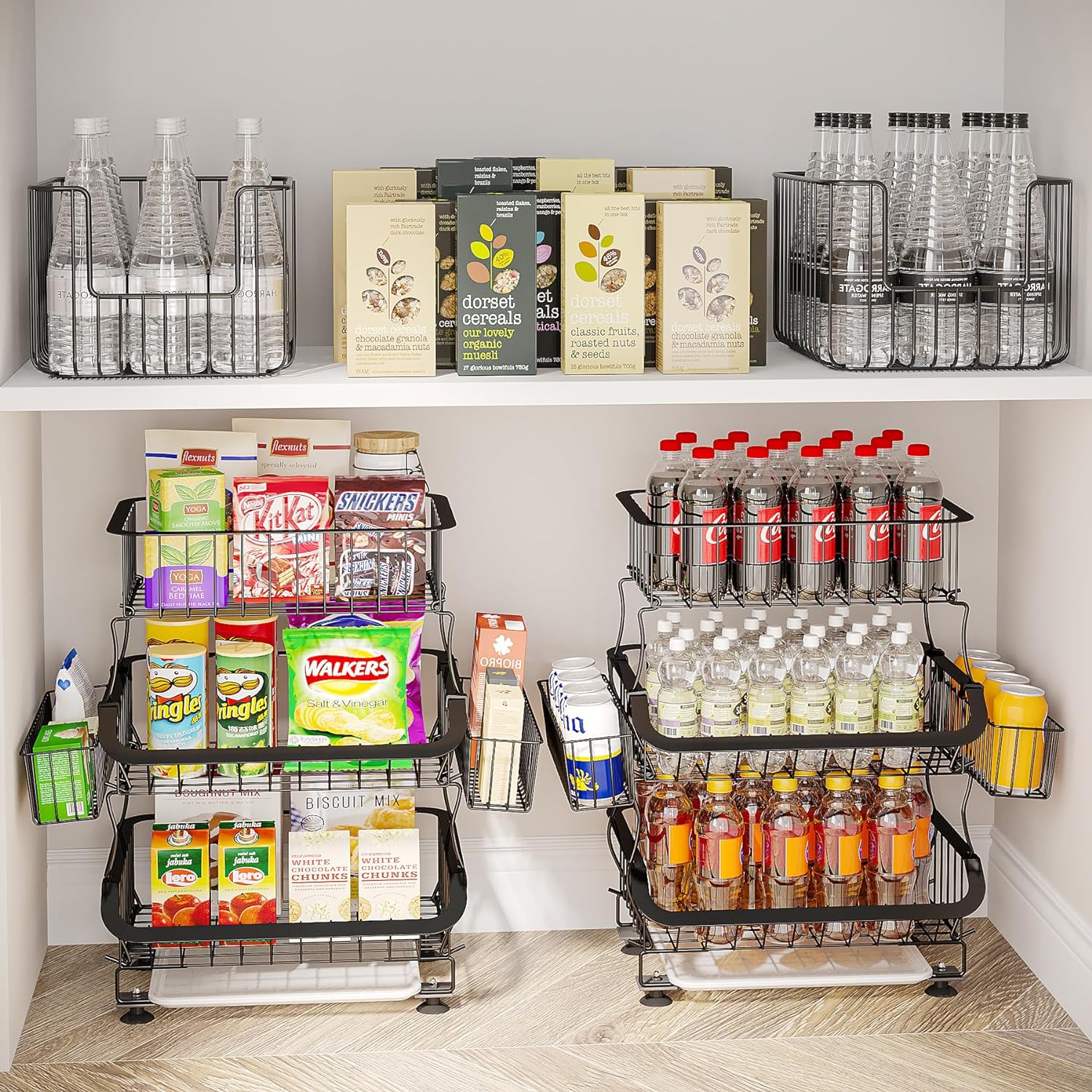 Finmind Fruit Basket,3 Tier Stackable Metal Wire Basket Cart with Rolling Wheels, Utility Rack for Kitchen, Pantry, Garage, With 2 Free Baskets